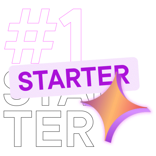 Une illustration avec le hashtag #1, le mot 'STARTER' en violet, et une étoile à rayures dégradées orange et violet.