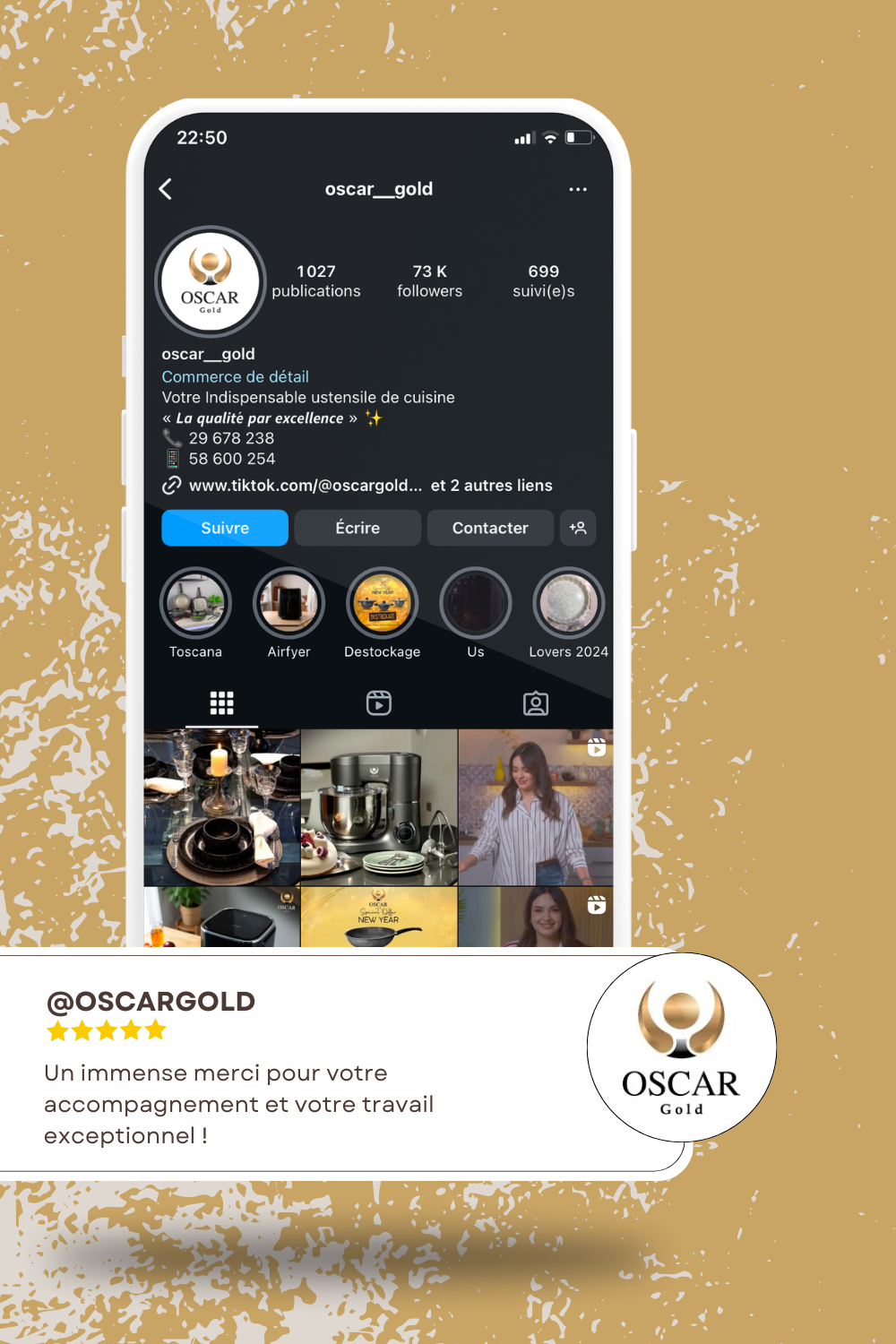 Capture d'écran d'un profil Instagram de @oscargold affichant des images de produits liés à la cuisine, avec un logo en or et des statistiques d'abonnés.