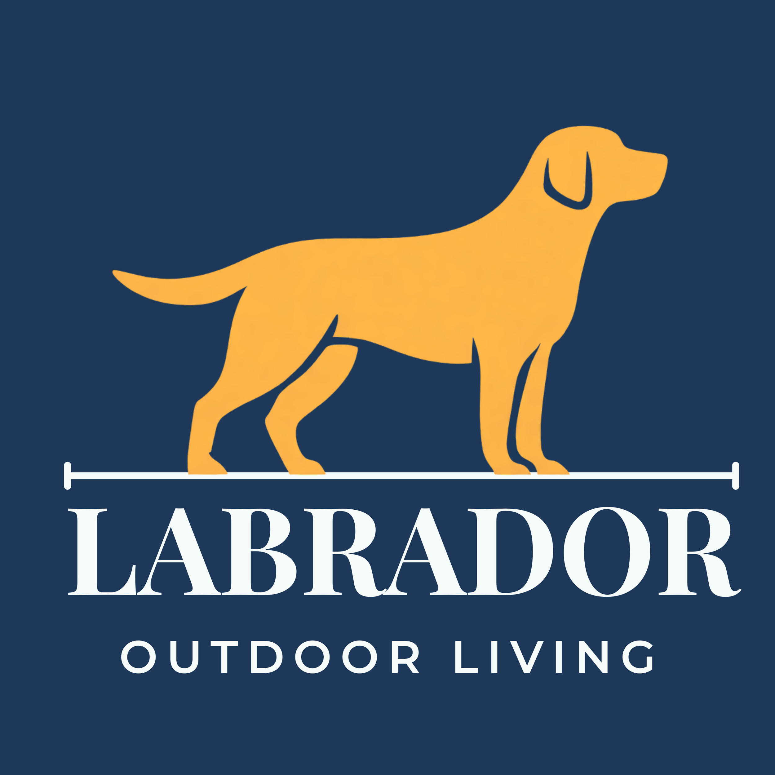 Logo for Labrador Outdoor Living featuring a yellow Labrador retriever silhouette on a dark blue background with white text.