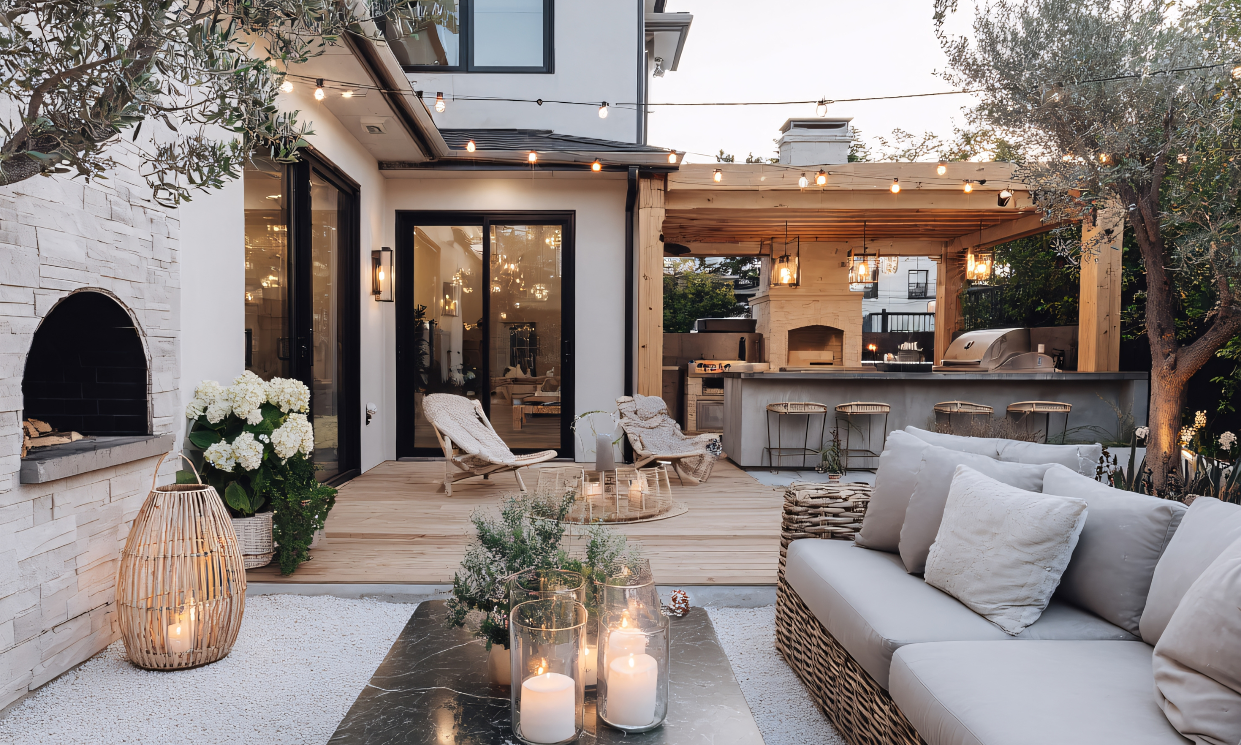 Outdoor patio with cozy seating area, candles, and a barbecue station in the background, decorated with string lights at dusk.