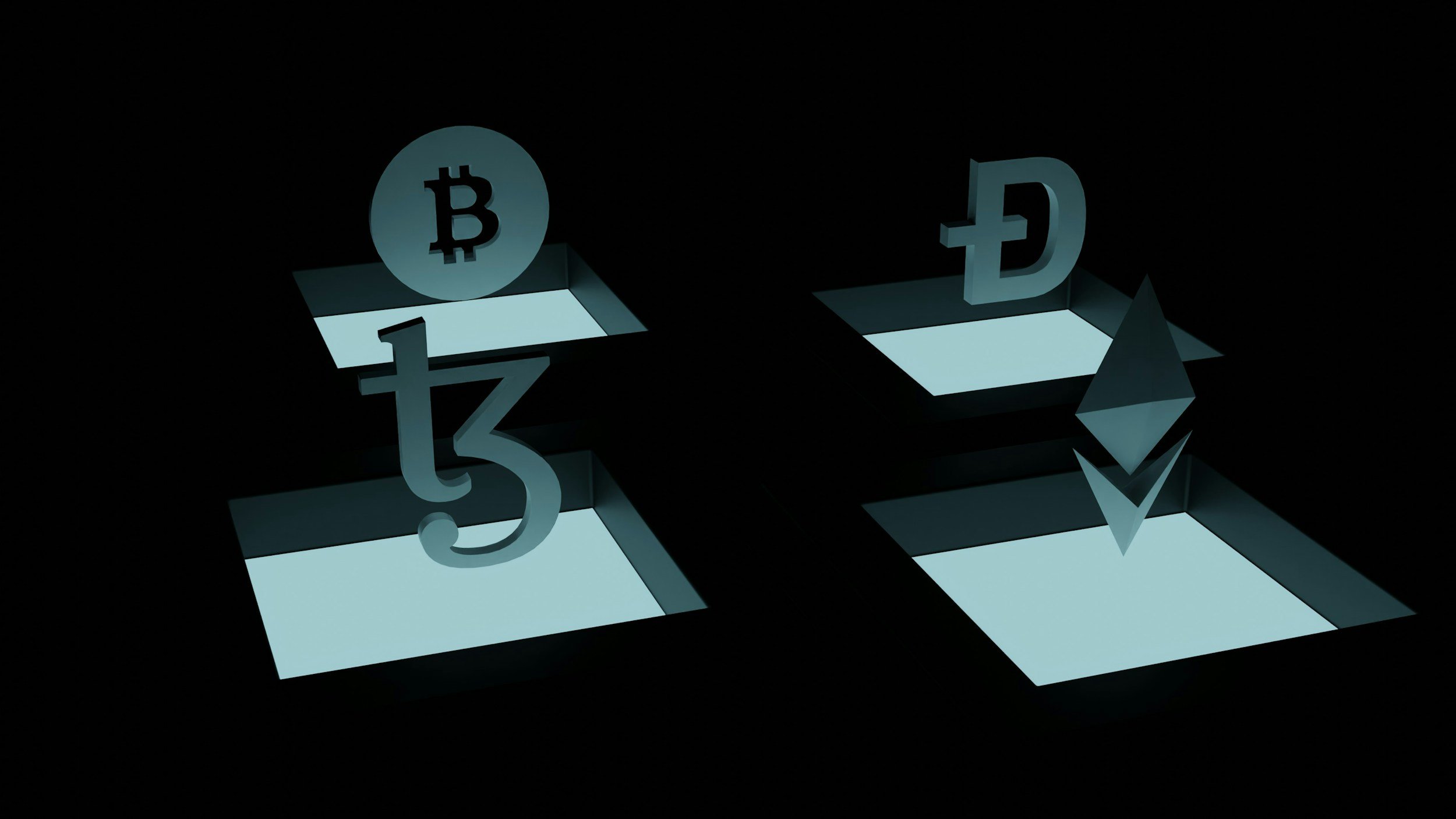 Digital illustration of cryptocurrency symbols, including Bitcoin, Tether, and Ethereum, placed on glowing, interconnected platforms in a dark setting.