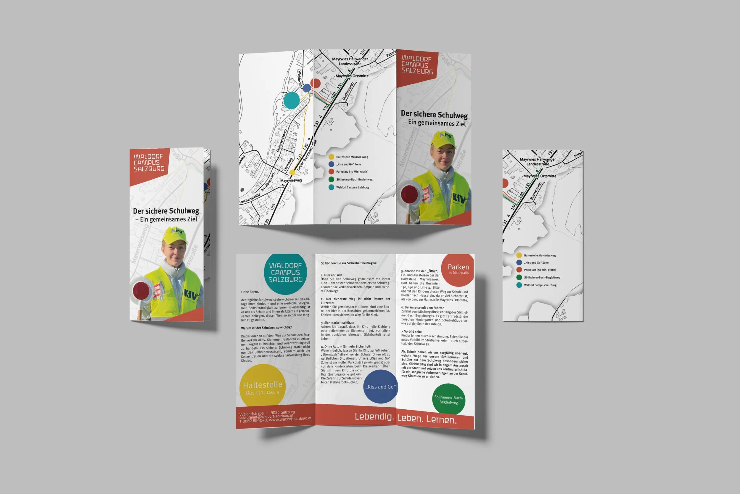 Flyer und Broschüren über den sicheren Schulweg, mit Karten, einem Mädchen in einem gelben Sicherheitsjacke, Informationen zu Schulweg, Haltestellen und Sicherheitsmaßnahmen, inklusive Karten und Bildern.