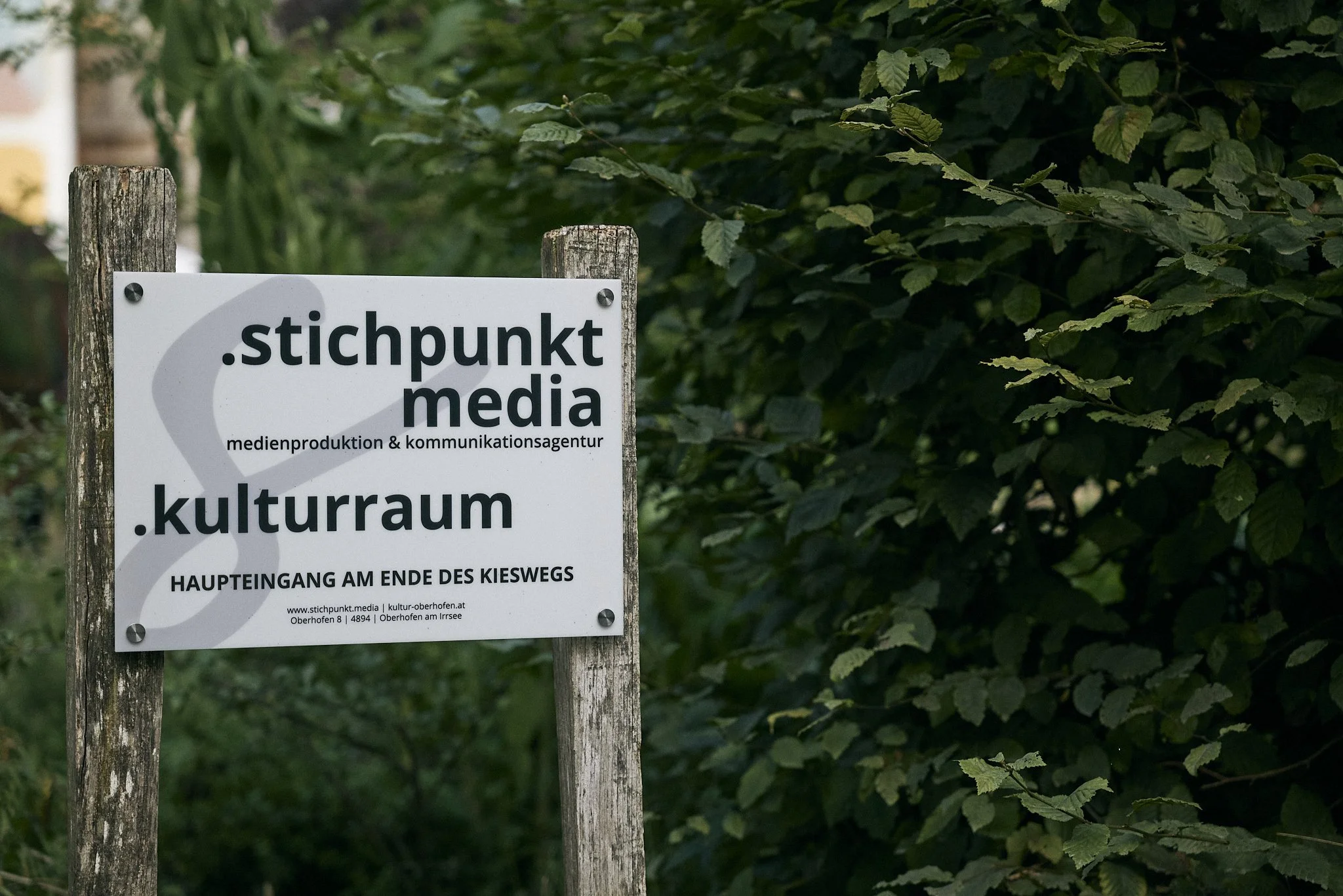 Ein Wegweiser mit Texten zu .stichpunkt media und kulturraum, umgeben von grünen Blättern.