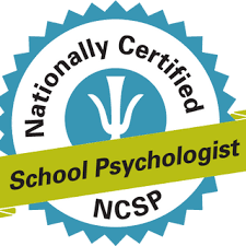 A circular badge with a blue and white color scheme stating 'Nationally Certified School Psychologist NCSP' with a green banner across it.
