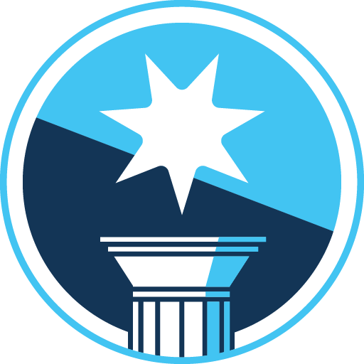 A circular logo with a star at the top and a column at the bottom, divided into blue shades.