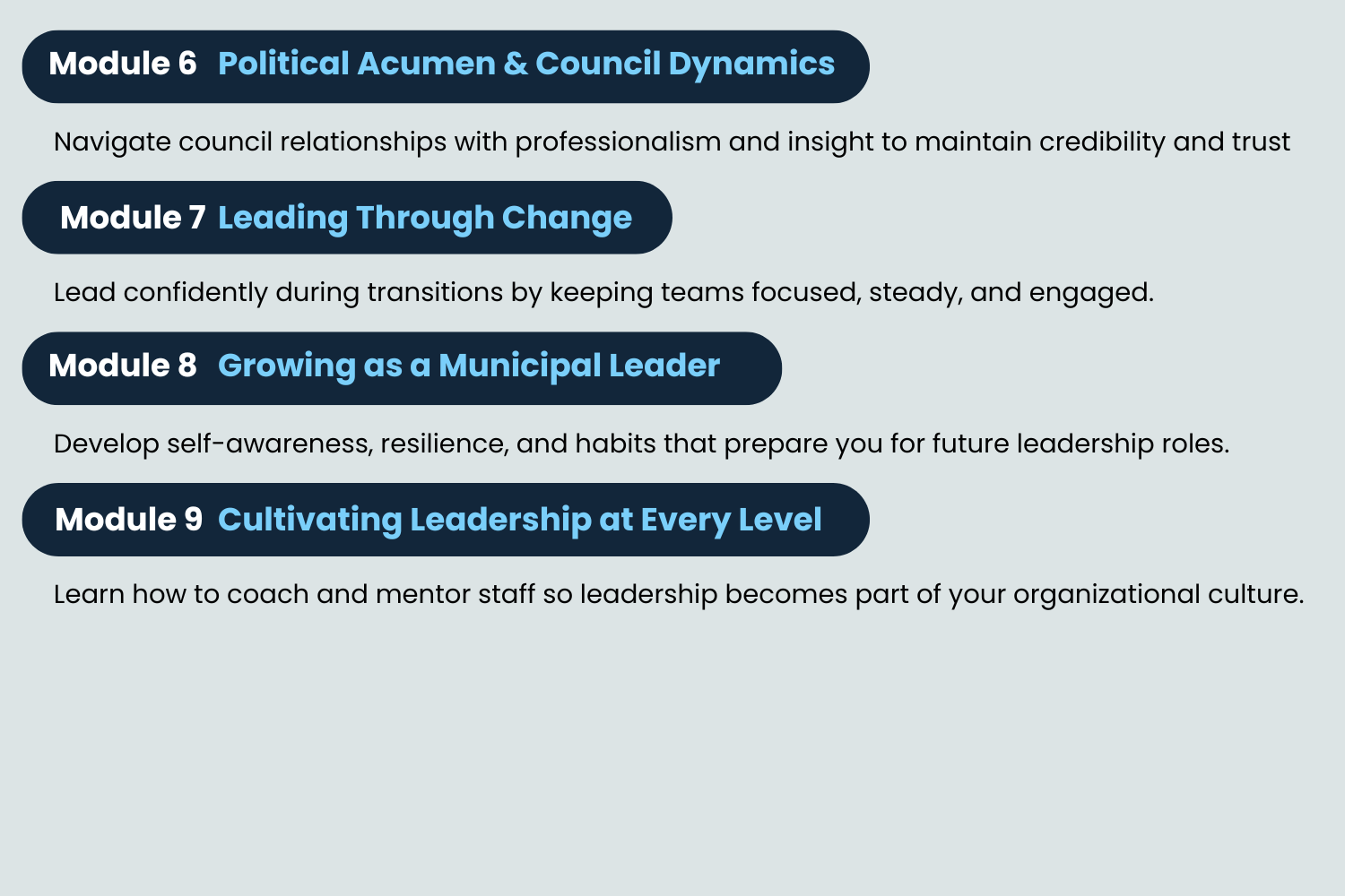 Course module breakdown graphic for Developing Leaders in Local Government: Preparing Others to Lead