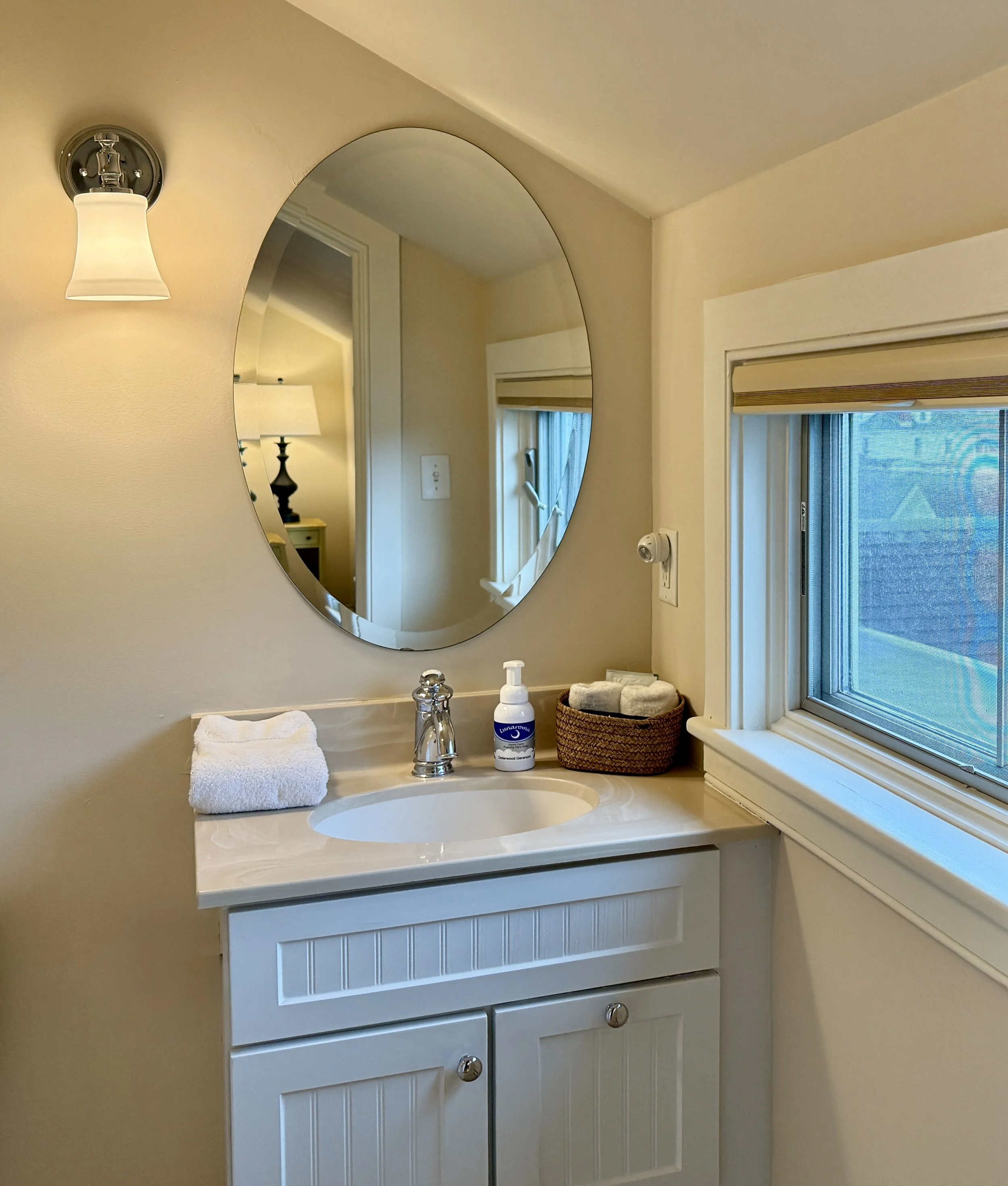 Bathroom in Max's Roost Stowe VT with vanity and shower.