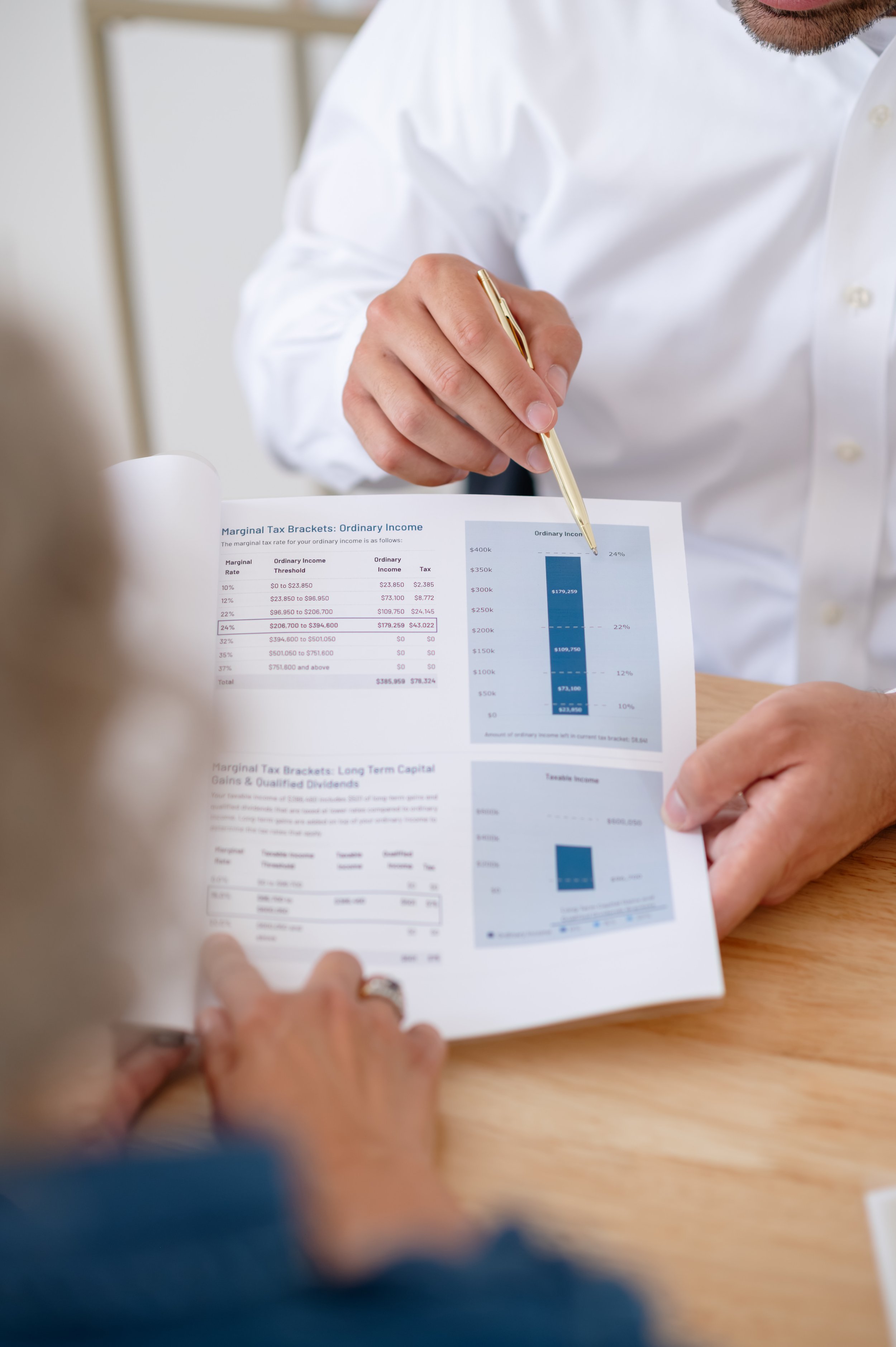 A person in a white shirt holding a report on marginal tax brackets, with a bar chart and detailed tax rate information visible.