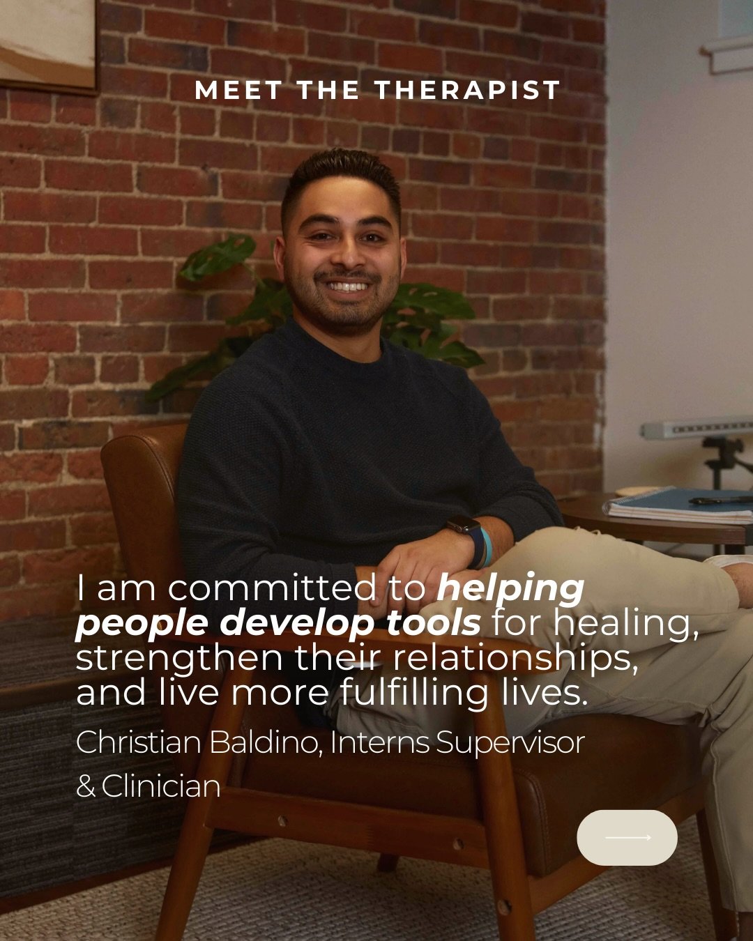 Hi, I&rsquo;m Christian.

I believe therapy works best when it feels like a real, human connection &mdash; a space where you can feel safe, understood, and empowered.

I work with individuals and couples navigating anxiety, depression, trauma, and re