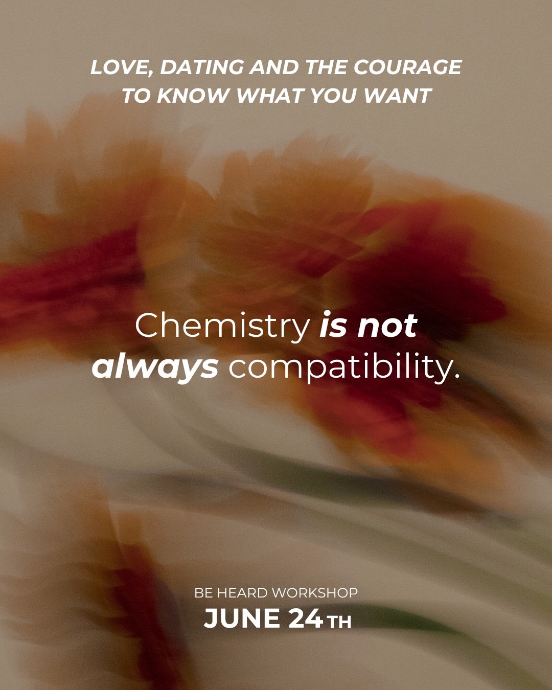 Be Heard Workshop | LOVE, DATING AND THE COURAGE TO KNOW WHAT YOU WANT 🤍

Dating today can feel confusing.

We&rsquo;re told to:
&ldquo;follow the spark&rdquo;
&ldquo;never settle&rdquo;
&ldquo;cut people off&rdquo;
&ldquo;heal first&rdquo;

And yet