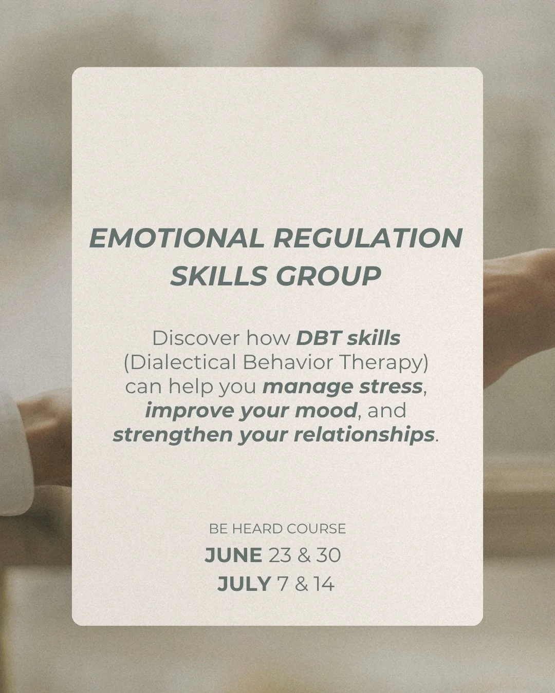 Emotional Regulation Skills Group

A lot of people spend years thinking: &ldquo;Why am I like this?&rdquo;
Why do I: overreact? overthink? avoid difficult conversations? feel emotionally drained all the time?

But emotional reactions don&rsquo;t appe