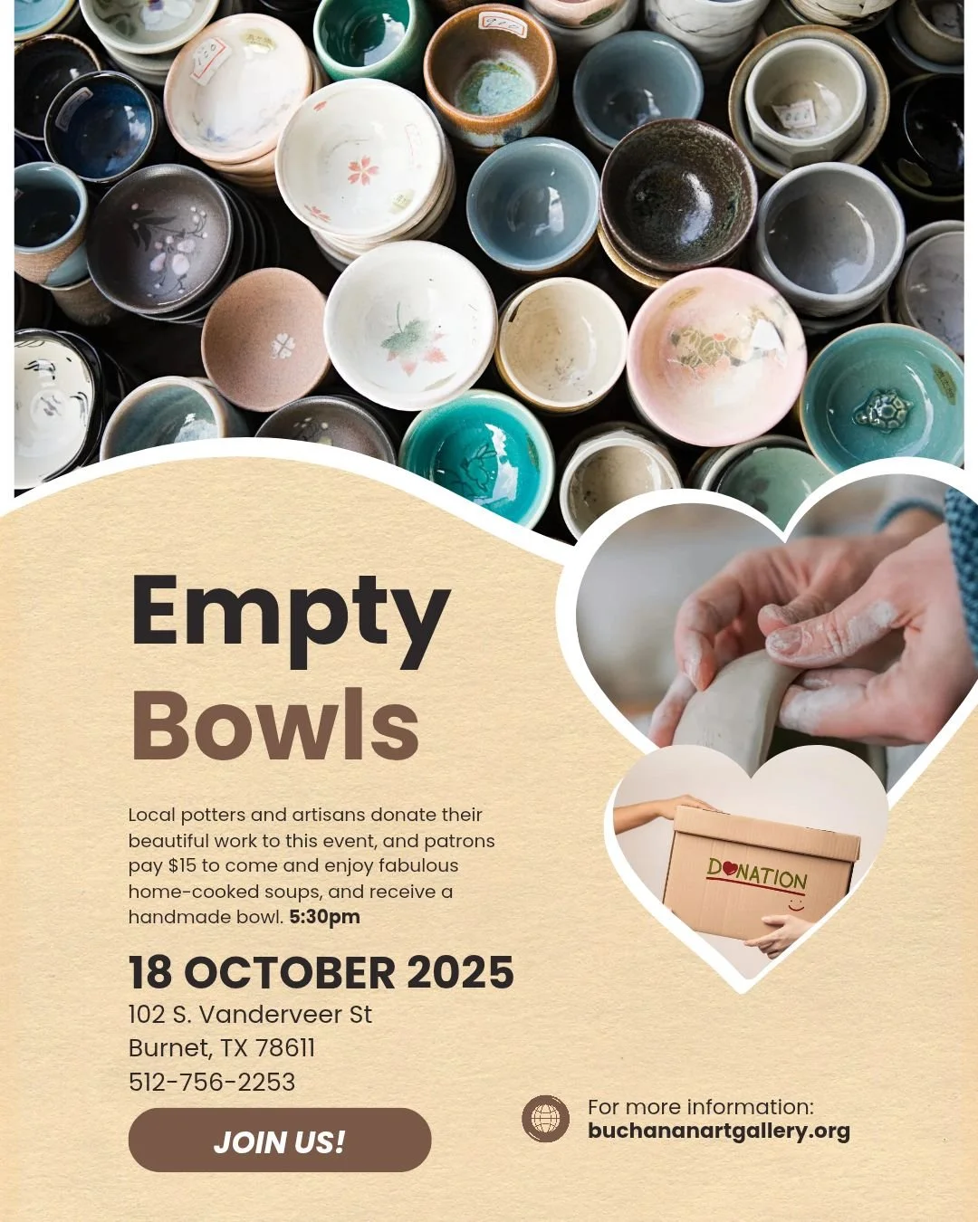 EMPTY BOWLS is coming up, Saturday, October 18, 5:30 pm, Vandeveer church of Christ in Burnet. 

What is EMPTY BOWLS? 

It's a way for the power of local artists to benefit the food insecure in our community. 

We make the bowls. 

Community kitchen 