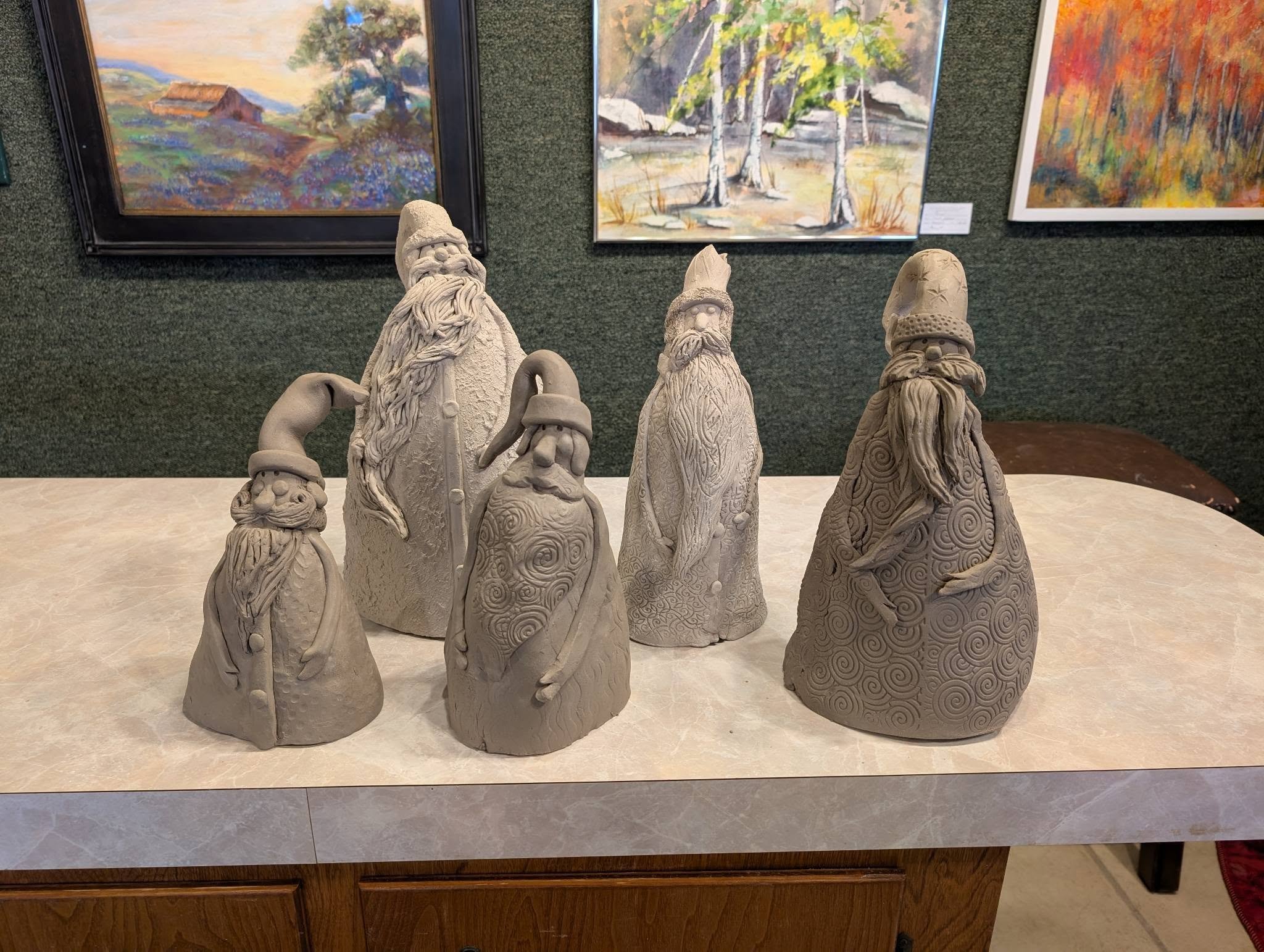 Class today... Small but mighty! 

Photo#1: Father Christmas sculptures I made over the last couple of days in class. 
Photo#2: person on the left made that large bowl in the foreground--and it's only hey SECOND CLASS. 

You can too! 

Did you know t