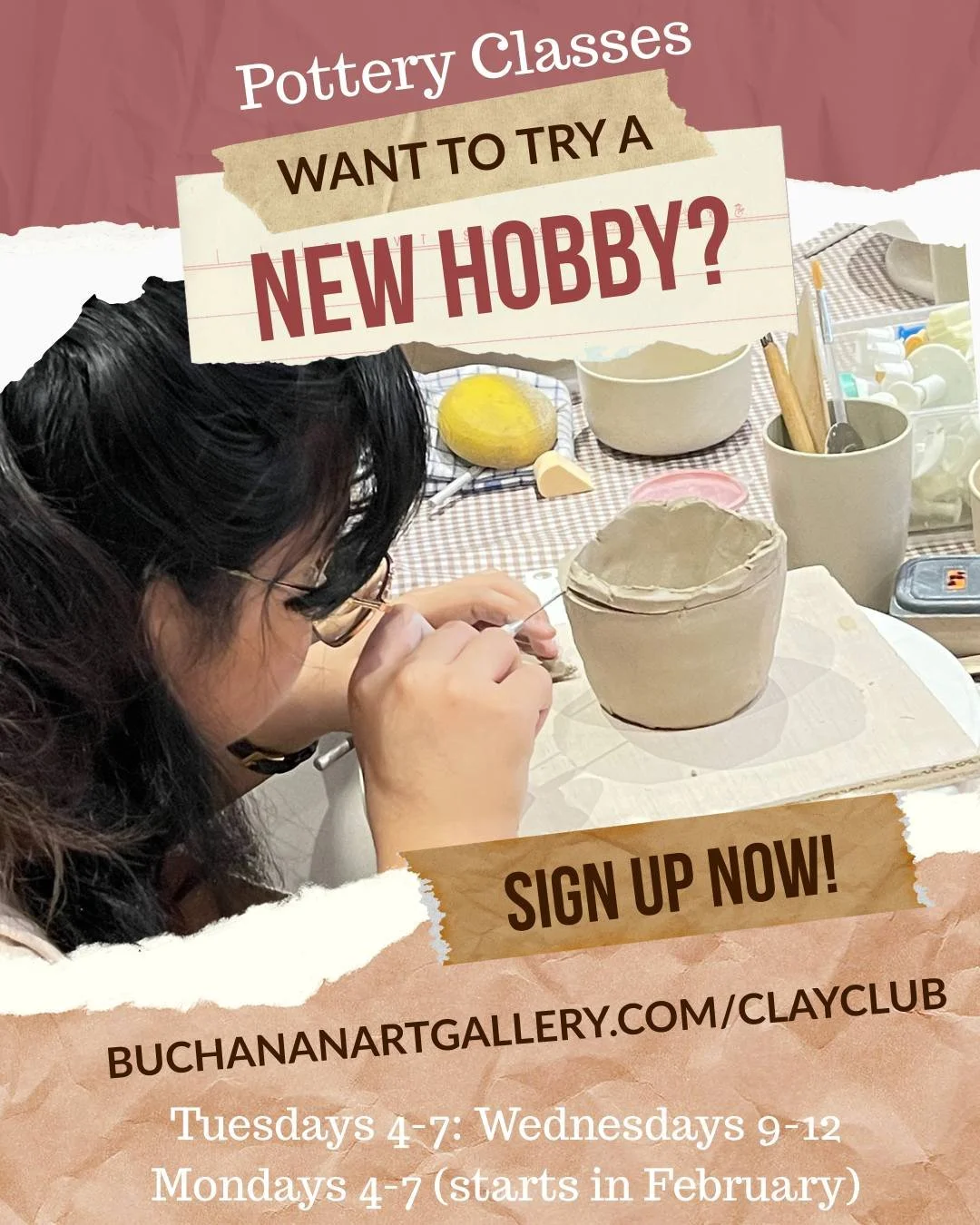 Classes have begun, and this coming week we'll be making FLUTES!

Come along and join us. We are often full on Tuesdays, but in February we are adding a THIRD class! On Mondays. 

Buchananartgallery.org/clayclub