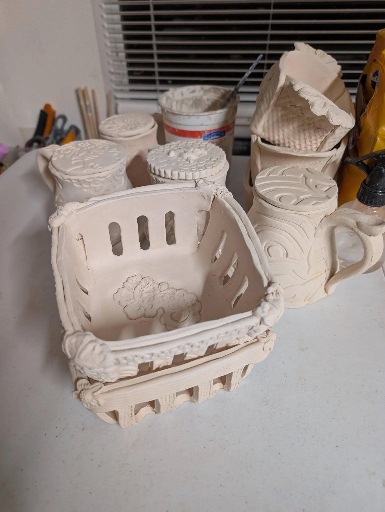 Kiln is open and unloaded--first glaze fire of 2026.

Here is the before picture and the after picture.

I got a good solid cone 6 on these, and I couldn't be happier. Some of these are new colors for me and now I can't wait to enjoy them on other pi