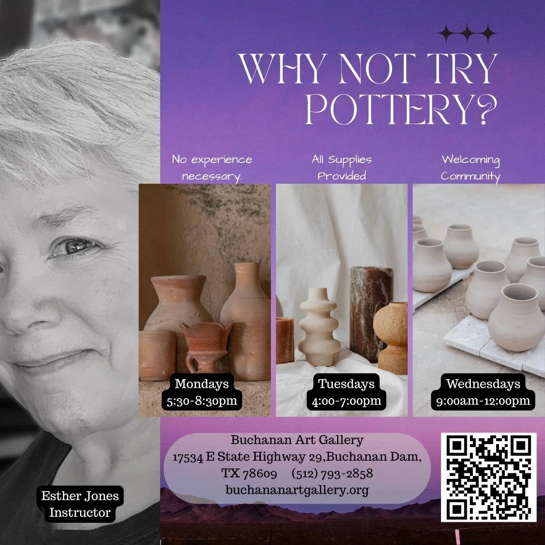 Let's look at what's going on this week. 

The classes this week are filling up fast, so get your registrations in TODAY. Currently there are seats in every class, but that won't last. 

Buchananartgallery.org/clayclub

My Pottery Porch Sale goes up 