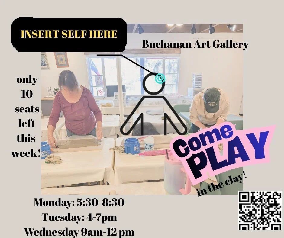 Seats are going fast! Grab yours now!

Buchananartgallery.org/clayclub

Yes you can, and we're here to help you! 

All supplies and firings provided! 

Learn to make pottery without a wheel. 

Enjoy great companionship. 

Take time to be creative. We