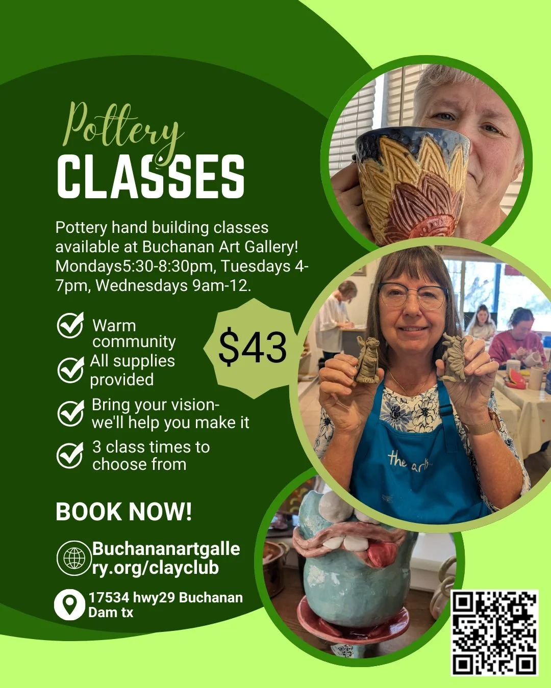 Join us tonight! Or tomorrow night... Or Wednesday morning! We've got class times to suit your schedule! 

Buchananartgallery.org/clayclub