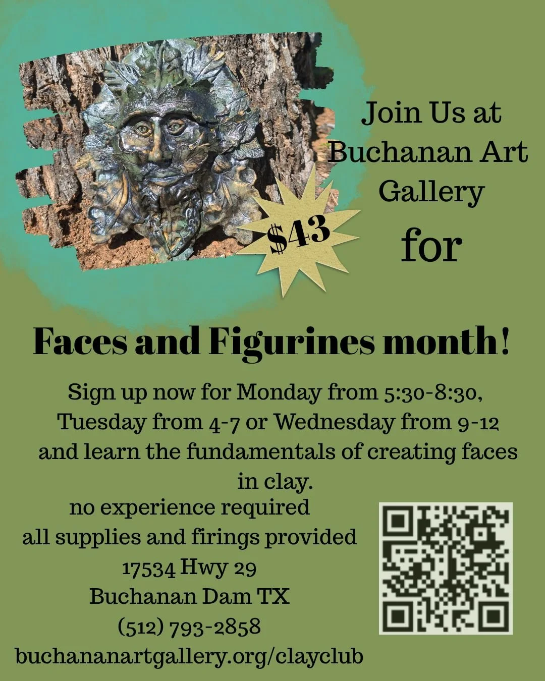 As usual, we're doing it again this week! Here's one of the "green man" sculptures I created during demos last week. 

This week is "face vases". Come join us! 

Buchananartgallery.org/clayclub