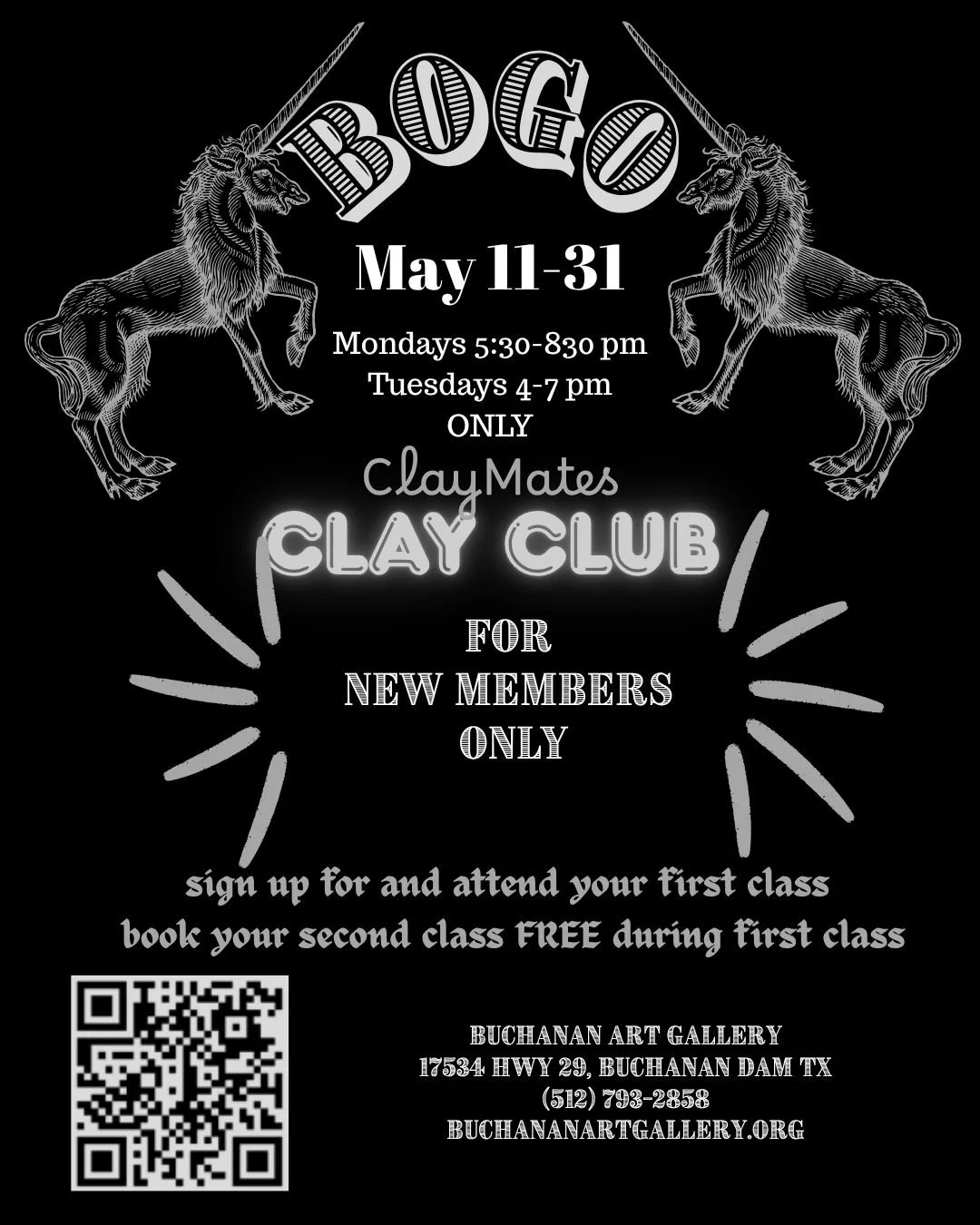 Been thinking about pottery class? 

NOW'S THE TIME! 

Buy one session, get the second session free!

Here's how it works: you sign up for a class on a Monday or Tuesday night, and we'll see you there. 

🦄 No need to bring anything but yourself! 

D