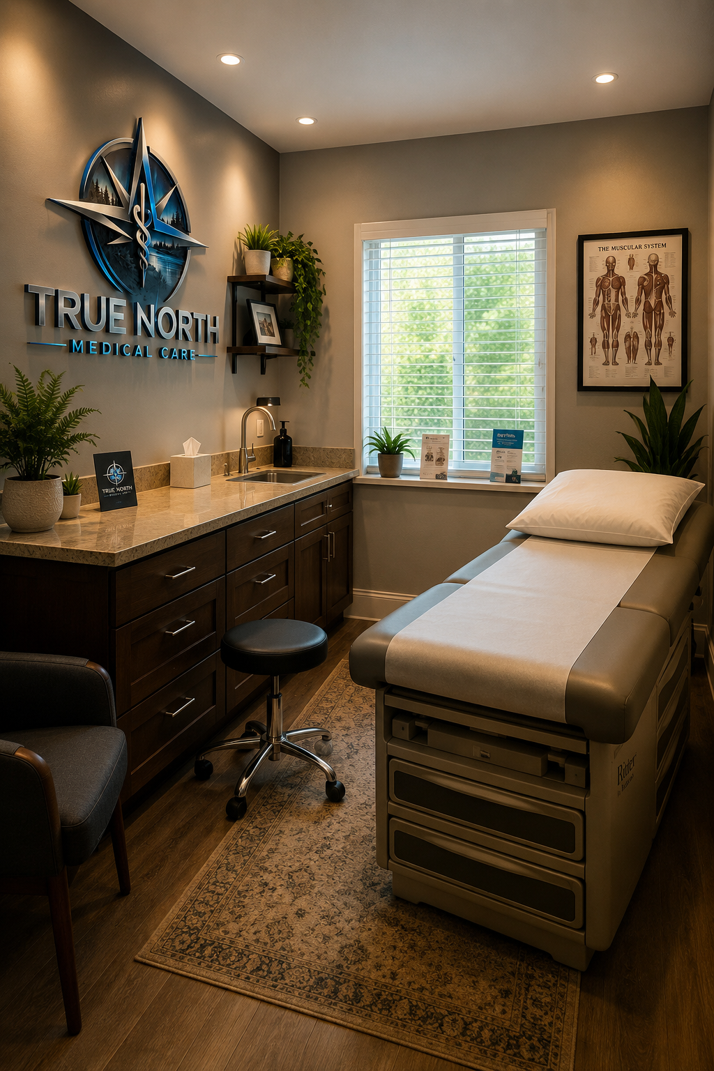 A medical examination room with a treatment bed, a sign reading True North Medical Care, a window with blinds, and various plants and medical posters on the walls.