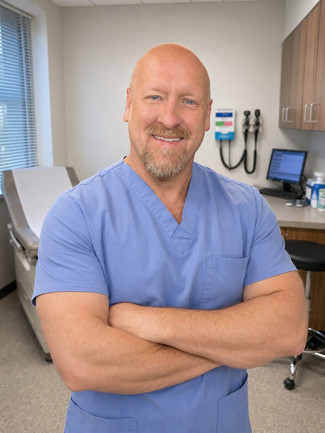 A smiling male doctor standing with arms crossed in a medical examination room wearing blue scrubs, with medical equipment, a computer, and exam table in the background.