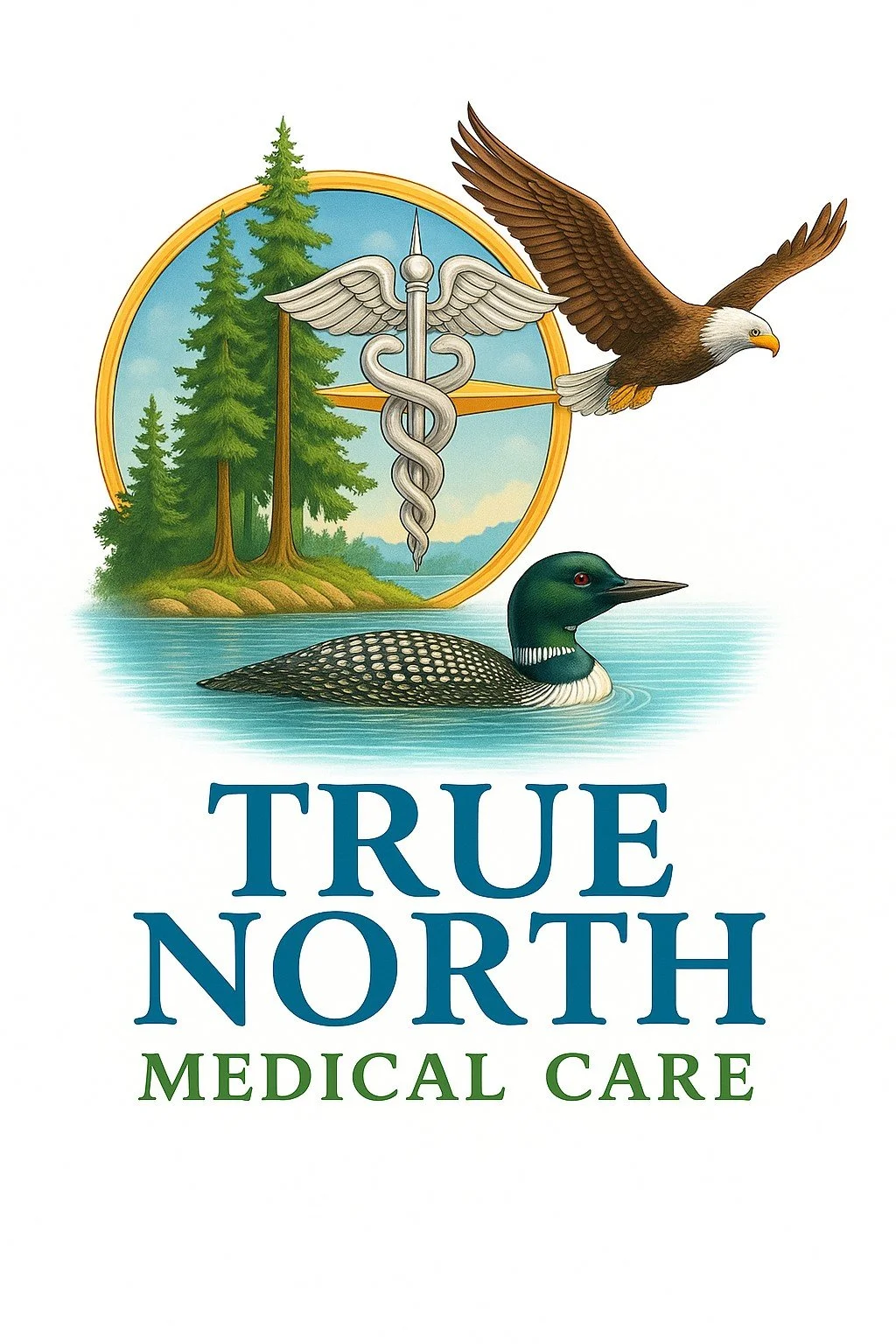 The logo of True North Medical Care featuring a circle with trees, a caduceus symbol, a flying eagle, a swimming loon, and the text 'TRUE NORTH MEDICAL CARE'.