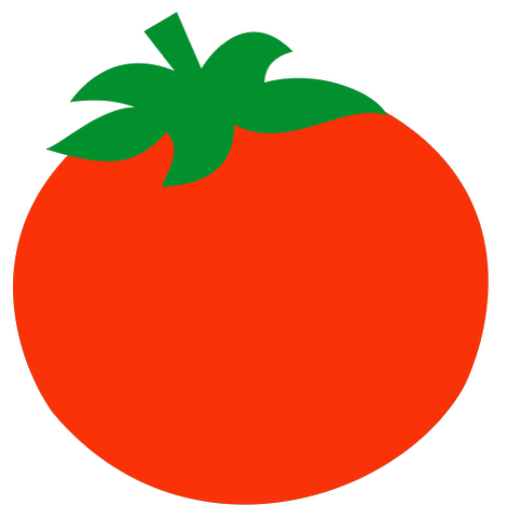 A cartoon illustration of a red tomato with green leaves on top.
