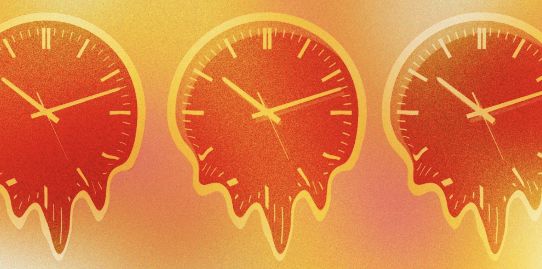 Three melting clocks with clock faces showing time, set against an orange and yellow gradient background.