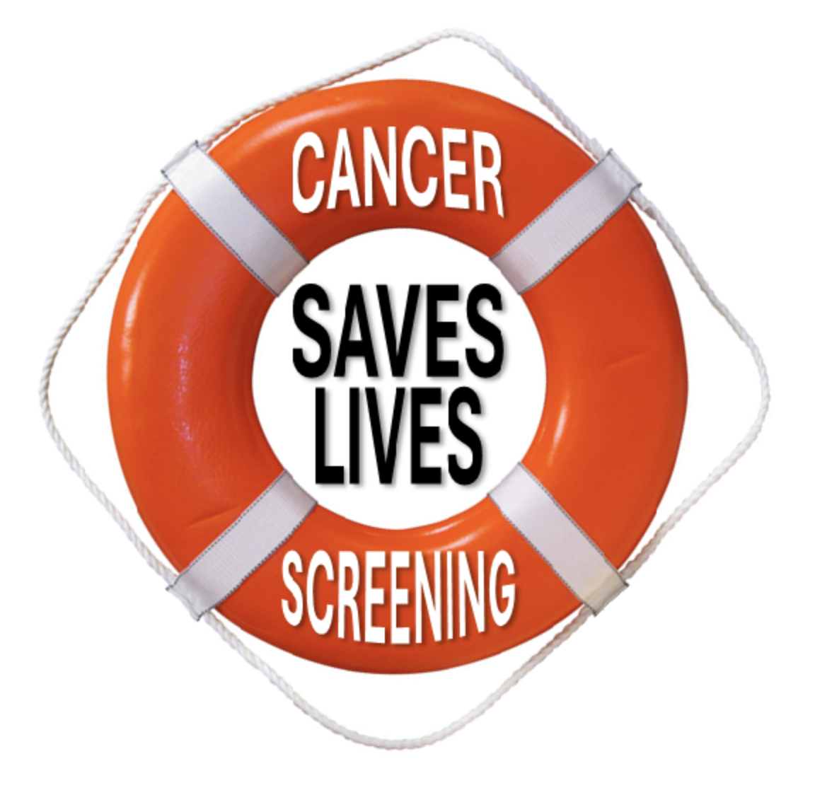 An orange lifesaver with white straps and a white rope, with the words 'Cancer Saves Lives Screening' written on it.