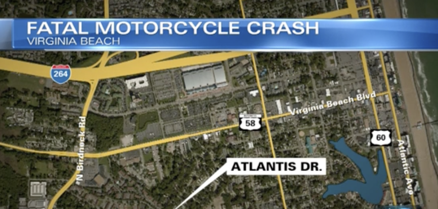 Map showing the location of a fatal motorcycle crash on Atlantis Drive near Virginia Beach Boulevard in Virginia Beach, with nearby roads.