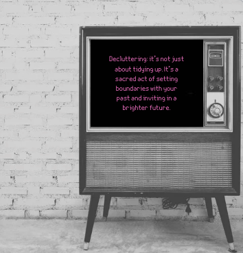 A vintage television with a black screen displaying pink text about decluttering, against a white brick wall.