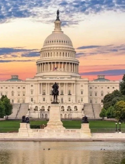 The United States Capitol building at sunset, with a statue in front of it and water in the foreground.