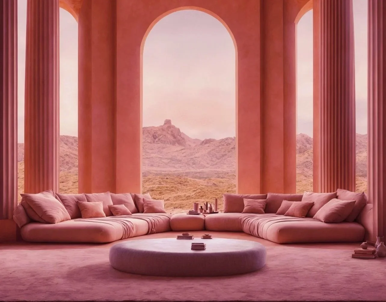 Editorial interior scene in soft blush tones representing Beauty Founder Byline — reflections on clean beauty, intentional self-care, and values-led brand building.