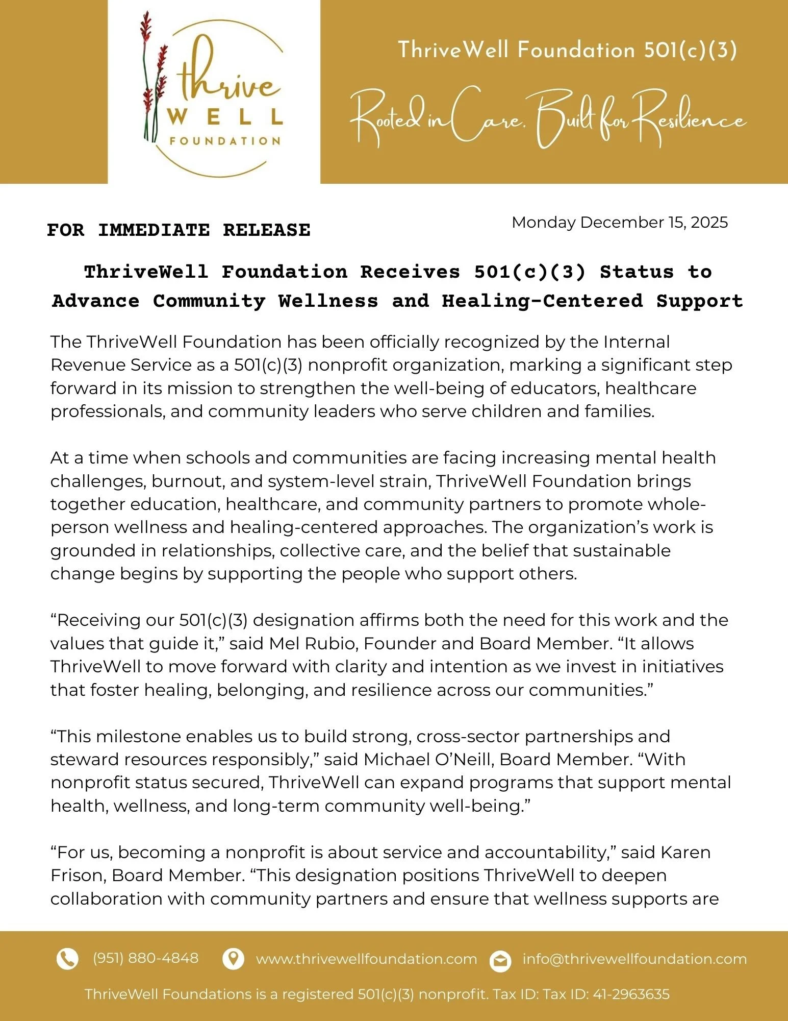 Press release announcing ThriveWell Foundation's 501(c)(3) designation, titled 'Rooted in Care. Built for Resilience,' dated December 15, 2025, with contact information at the bottom.
