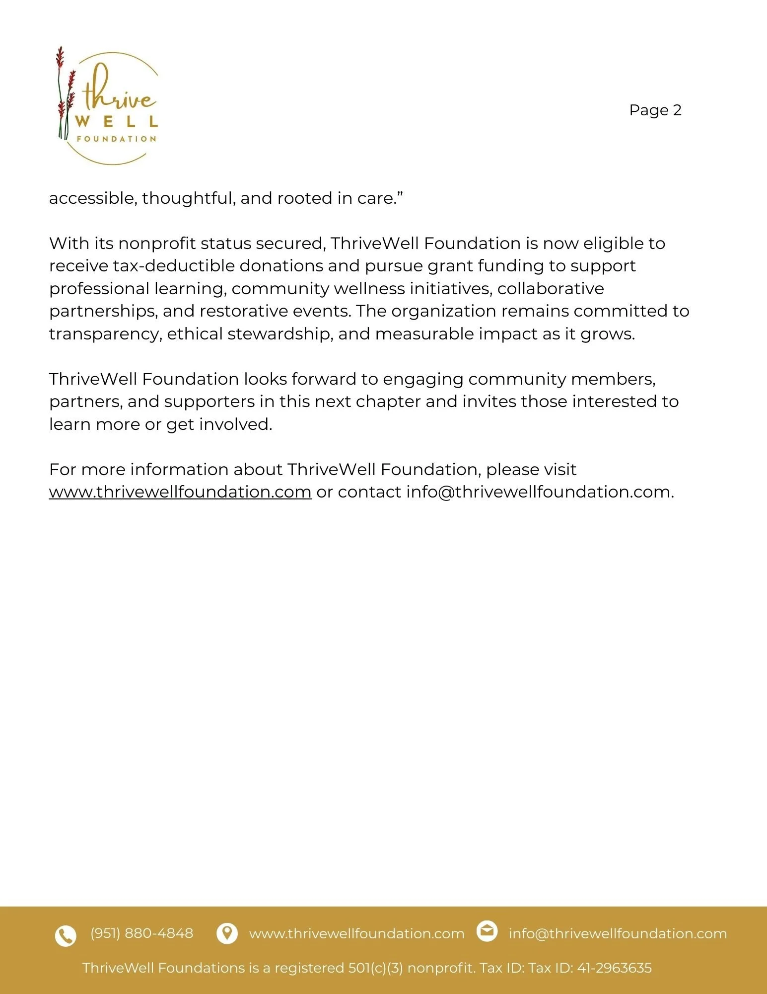 Thrive Well Foundation letter with logo, contact information, and description of the organization's mission and activities.