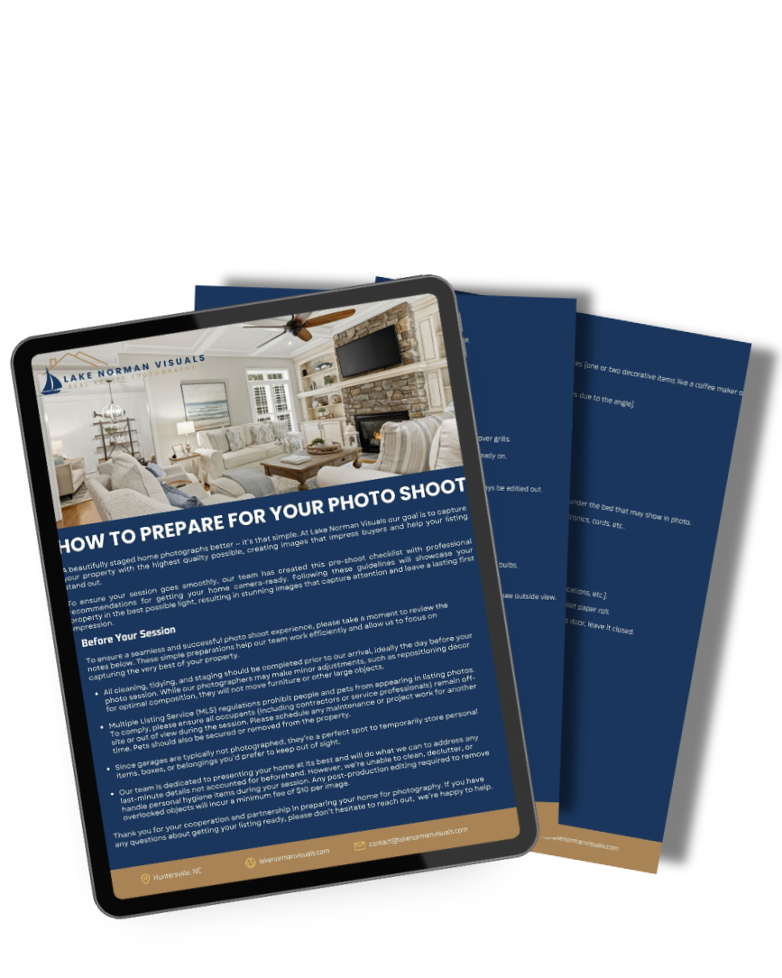 A digital guide on tablet titled 'How to Prepare for Your Photo Shoot' with a photo of a living room and room details in the background.