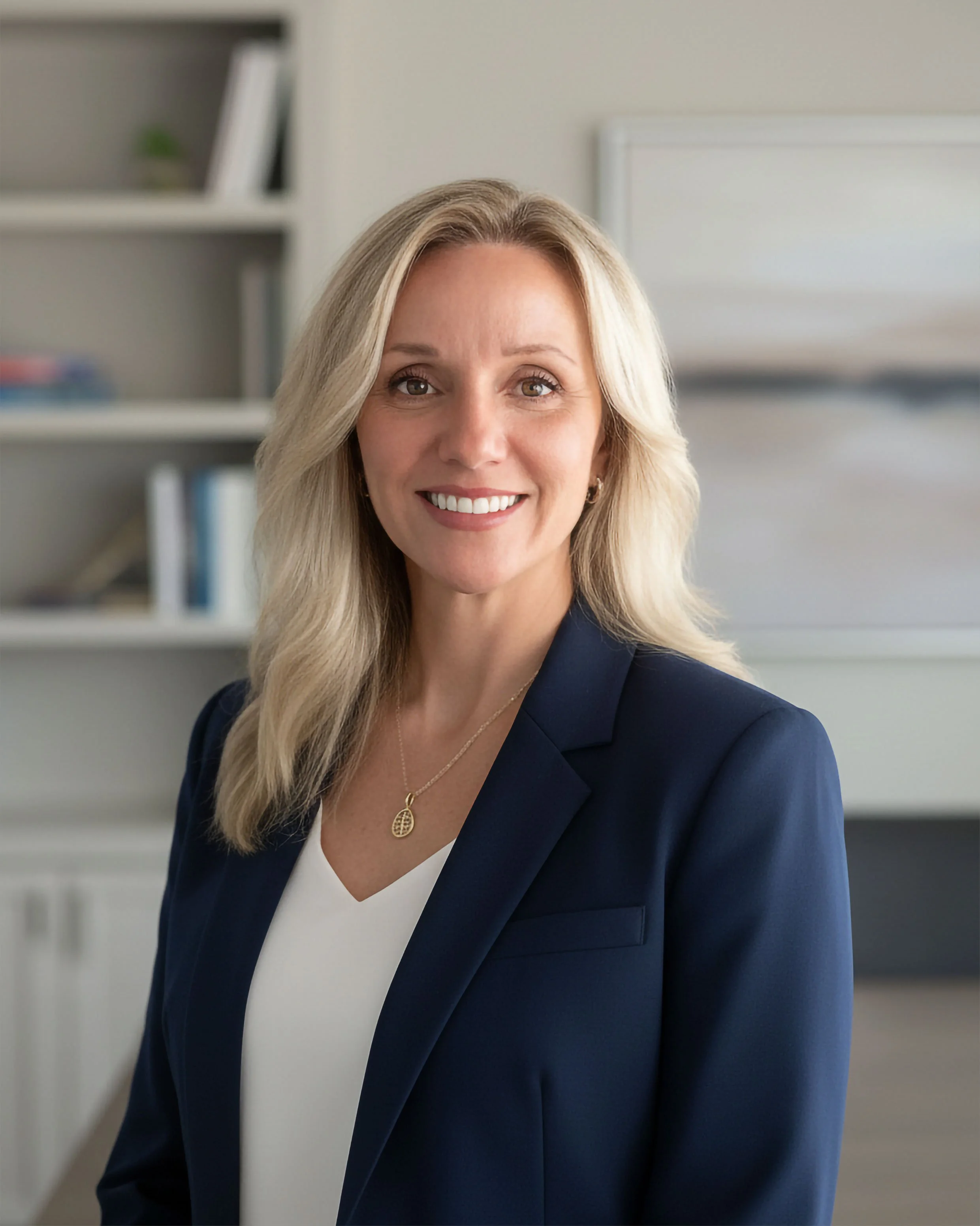 Professional woman with blonde hair smiling, wearing a navy blazer and white top, in an office setting with white shelves and books in the background.