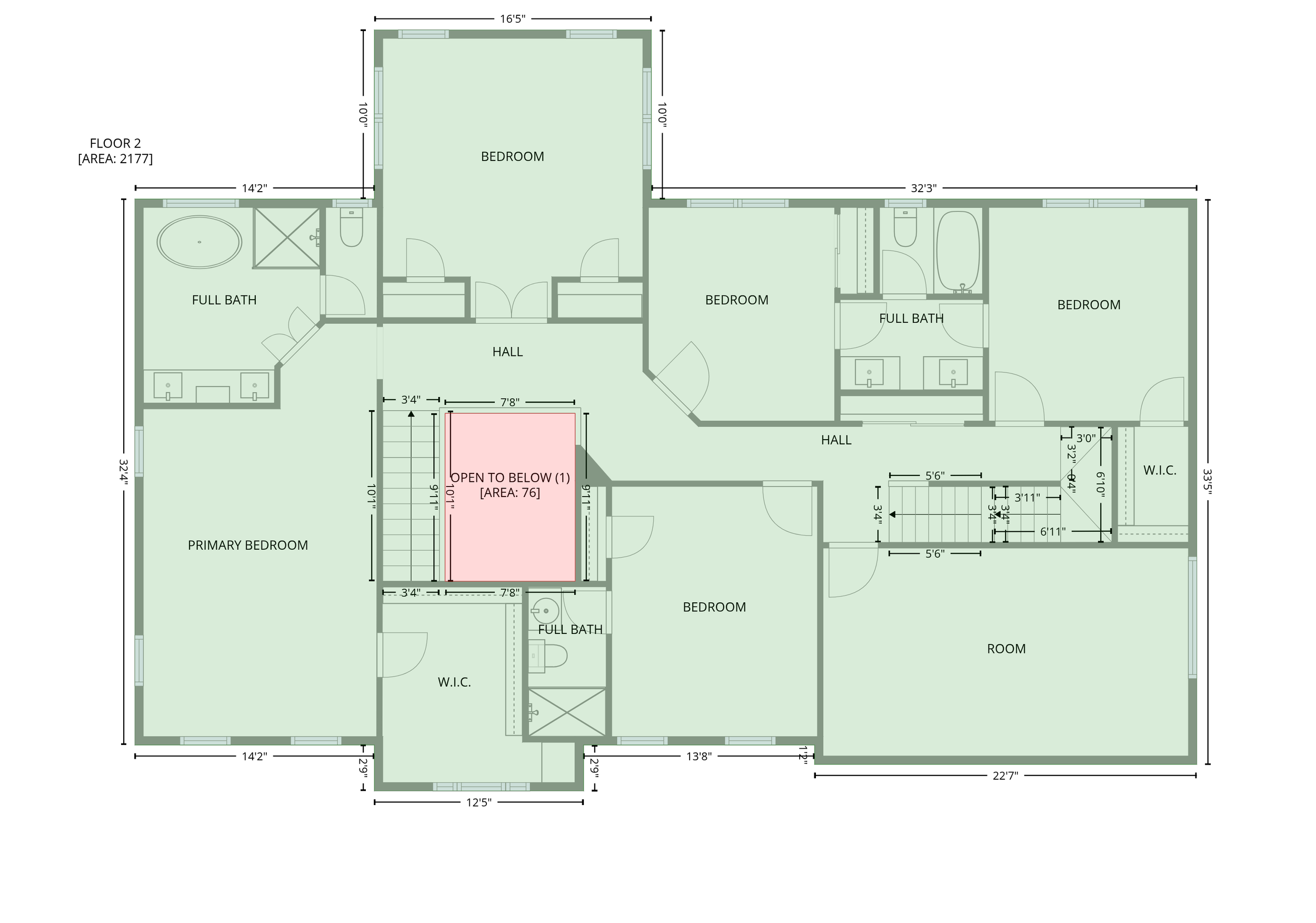 Floor plan of a house's second floor showing bedrooms, bathrooms, walk-in closets, a room, and staircases, with dimensions labeled.