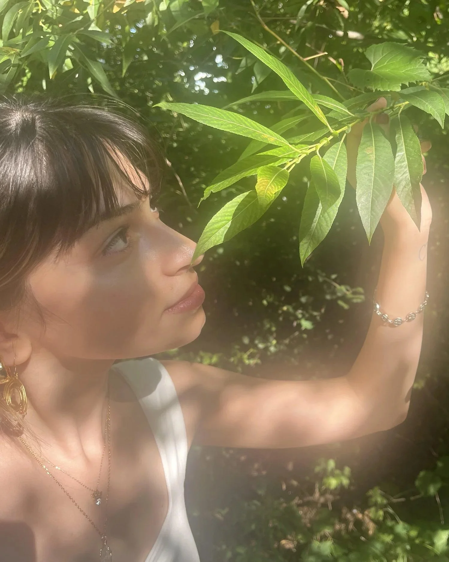 A woman with dark hair and gold jewelry reaches up to touch green leaves on a tree, with sunlight filtering through the foliage.