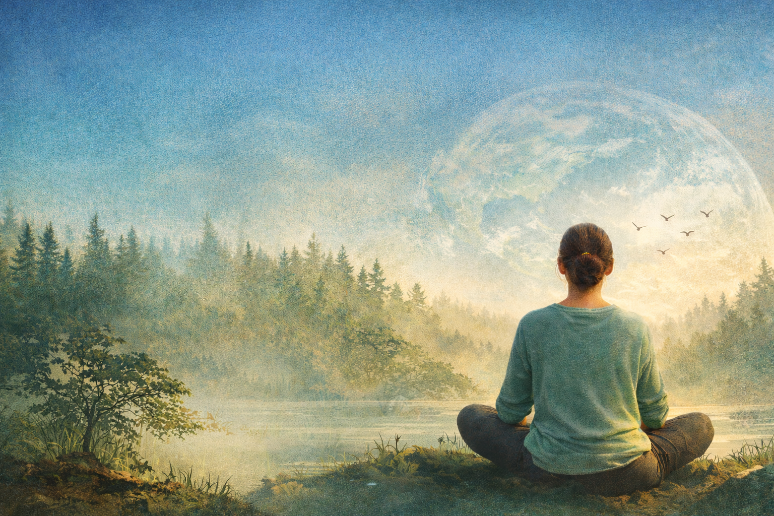 A person sitting cross-legged near a lake, meditating and looking at a large moon in the sky with a few birds flying nearby, surrounded by trees.