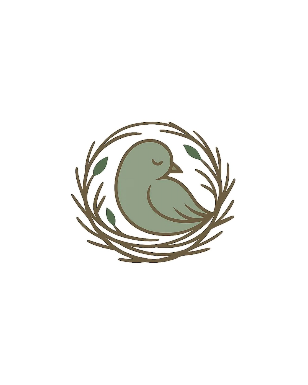Simple illustration of a green bird in a nest with branches and leaves, on a white background.