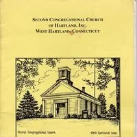 Line drawing of a small church building with a steeple, set in a wooded area with trees, on a yellow background.