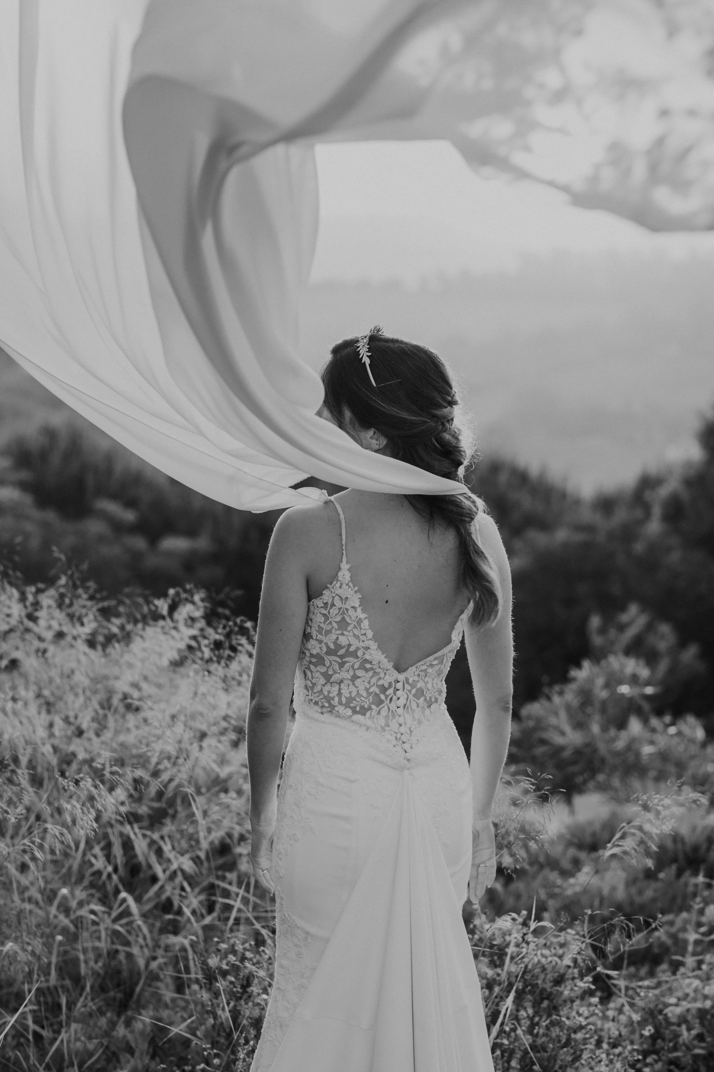 Black and white photo of a bride seen from behind, wearing a lace wedding dress as her veil flows dramatically in the wind, surrounded by tall grass and soft hills, captured by Carlos Mendes Photography.