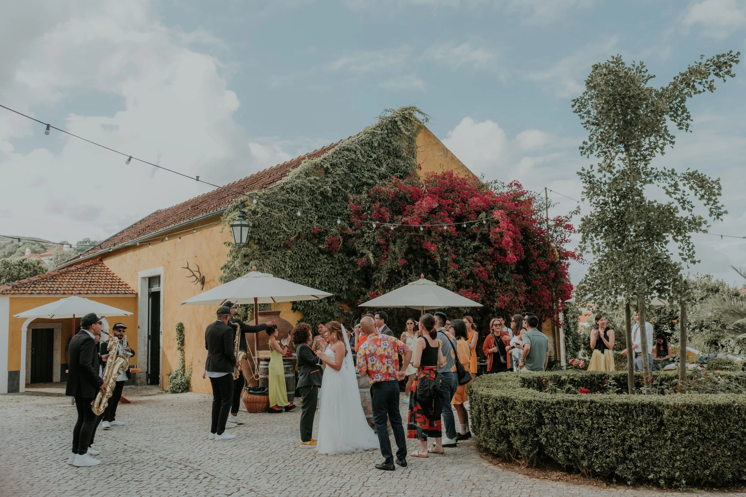 Outdoor wedding cocktail hour with guests mingling, a live band performing, and vibrant bougainvillea covering the rustic yellow venue wall. Captured by Carlos Mendes Photography.