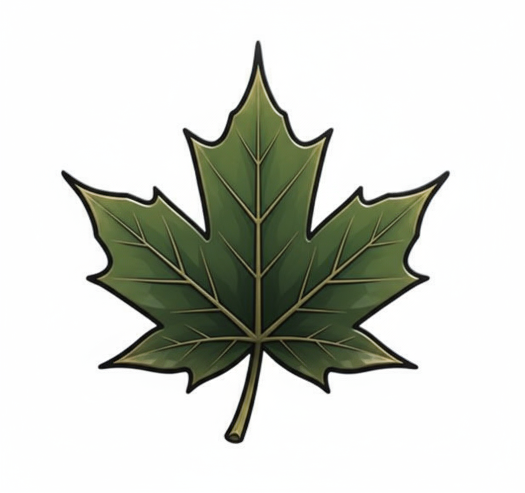 Illustration of a green maple leaf with detailed veins.