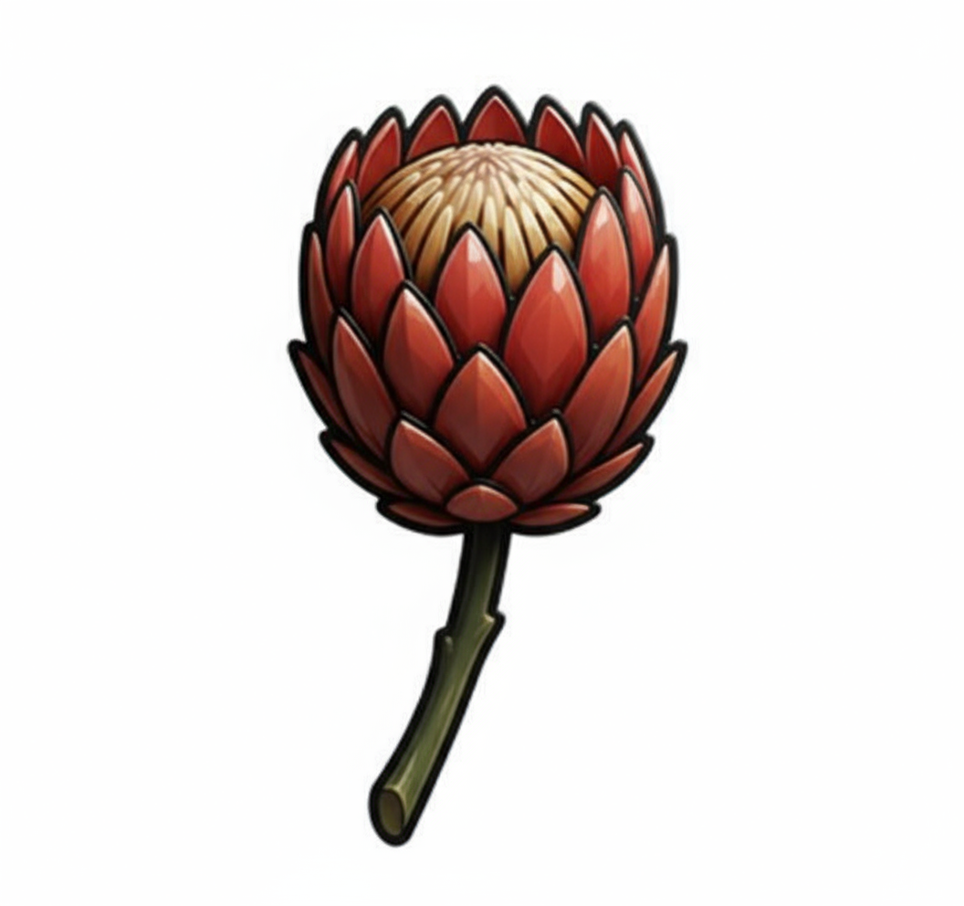 A stylized illustration of a hand-painted red and brown cone-shaped flower with a thick green stem.