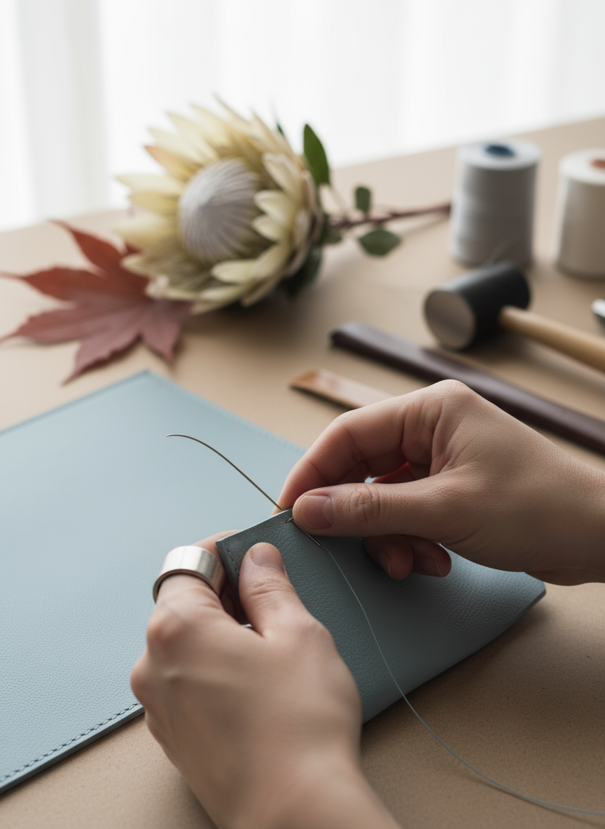 Close-up of person sewing leather with needle and thread, with spools of thread, a hammer, a ruler, a flower, and a maple leaf on the table.