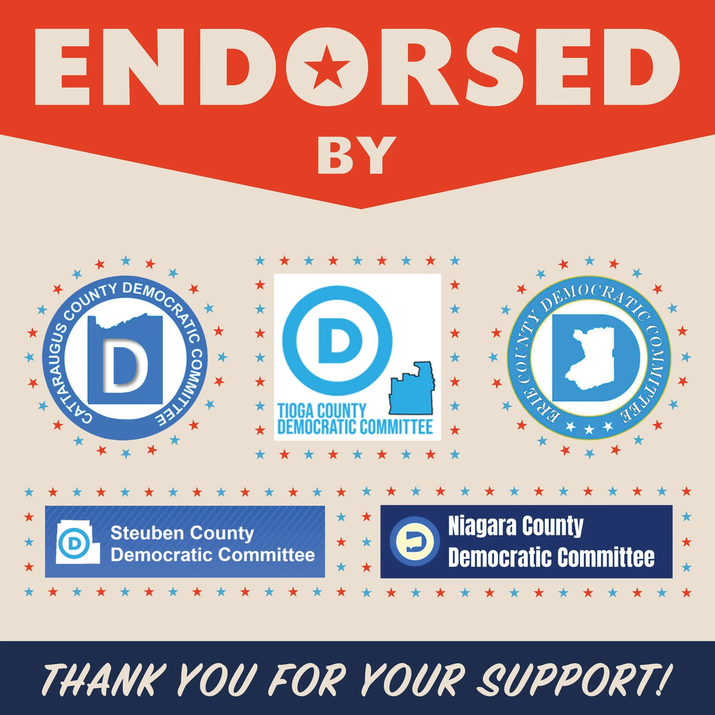 A graphic w/ a red banner @ the top that reads, "ENDORESED BY" with a star replacing the O. Below are 5 Democratic Committes, as named in the article w/ their official logos. The background has red and blue stars. A dark blue banner reads "THANK YOU