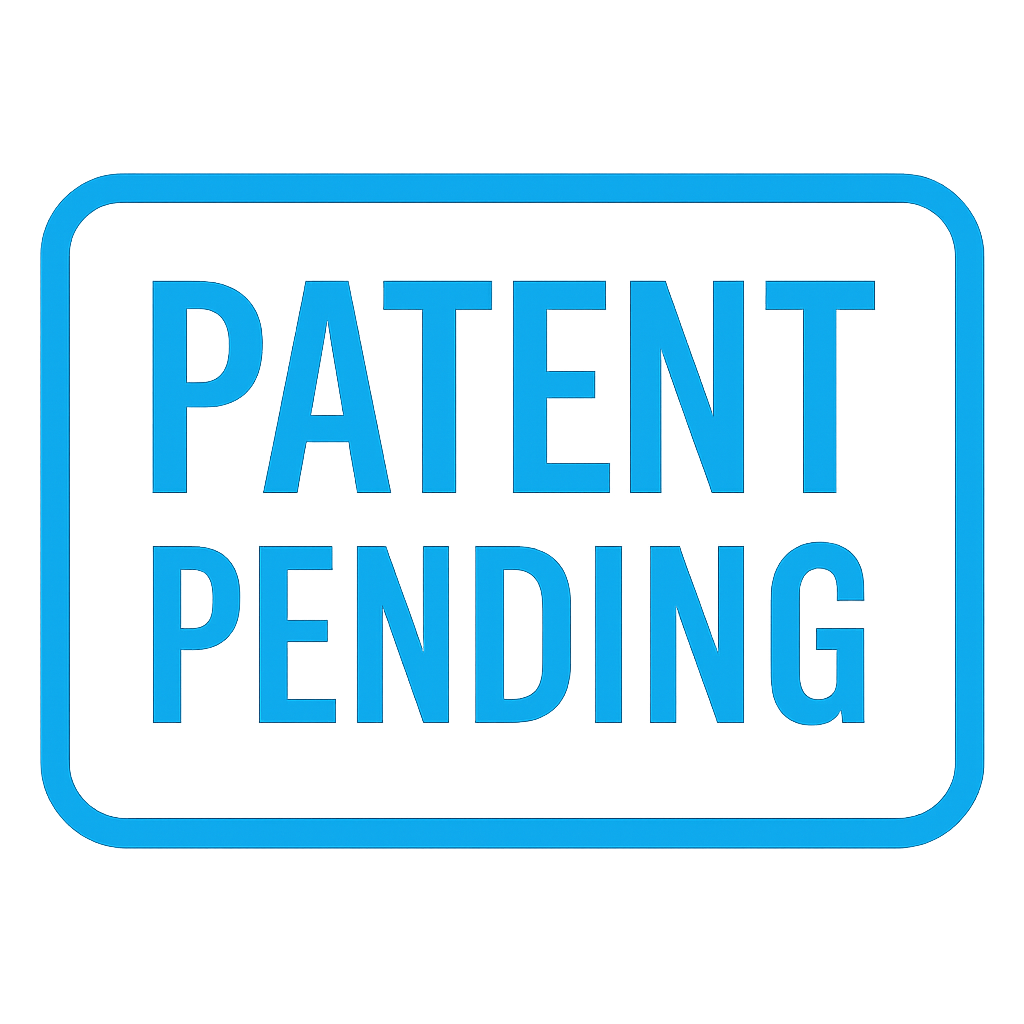 Blue rectangular sign with rounded corners reading 'PATENT PENDING' in all capital letters on a black background.